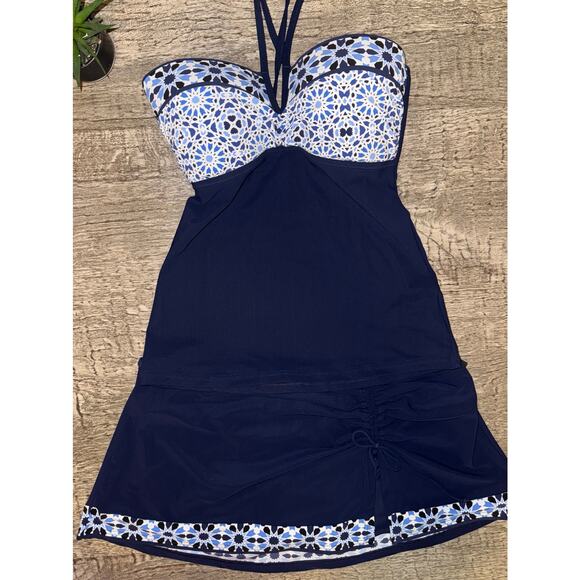 Gottex Blue Mosaic Tankini Swimdress Skirt Set Sz 8 | Retro Chic Modest Swimsuit - Picture 4 of 8